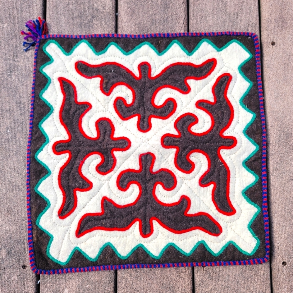 Vintage geometric felted wool square table scarf, runner, or trivet - textile